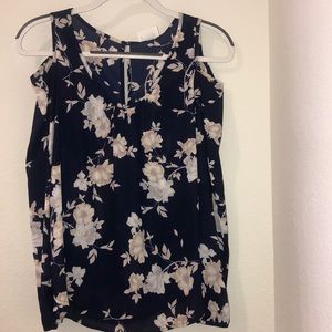 Navy Cold Shoulder Floral Blouse